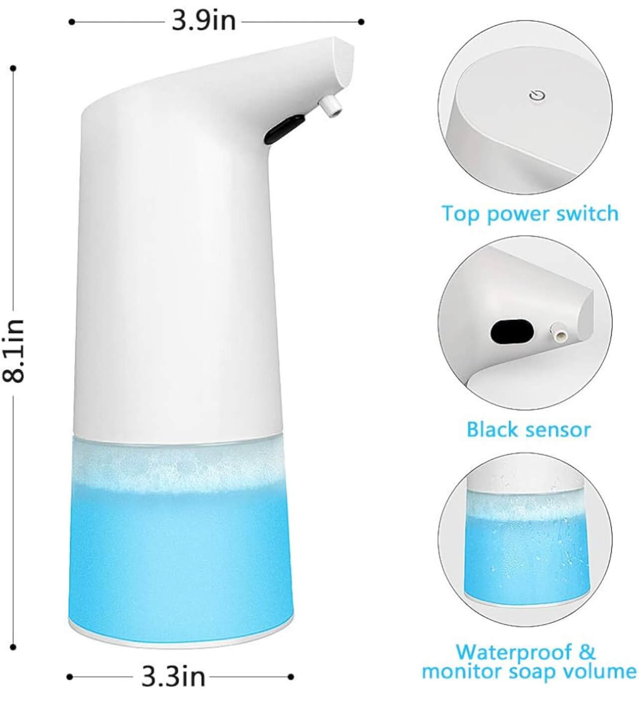 Distributeur Automatique de Savon - Vue de face avec dimensions